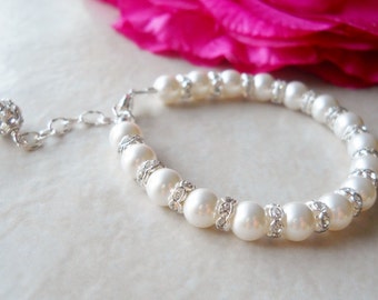 First Communion Bracelet-Confirmation Bracelet-Baptism Bracelet-Sparkly-Blingy-Swarovski Pearl and Rhinestone Bracelet B186