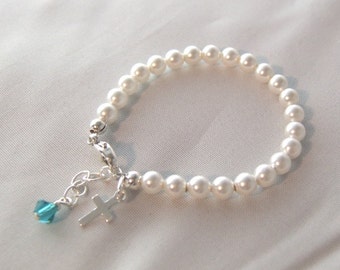 Flower Girl Gift - First Communion Gift - Pearl and Crystal Bracelet - First Communion Bracelet - Pearl Bracelet - Cross Bracelet B022