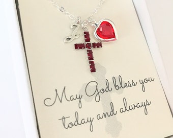 Valentine's Day - Crystal Cross Necklace - Baptism Gift - Garnet Cross - Ruby Cross - First Communion Gift - Gift for Goddaughter - N107