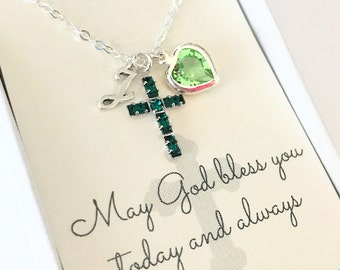 Crystal Cross Pendant - Cross Necklace - Emerald - Peridot - May - First Communion Gift - Gift for Goddaughter - Goddaughter Gift - N105