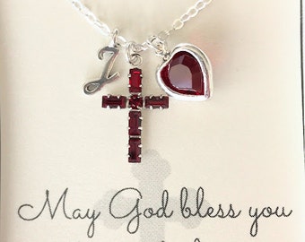 Crystal Cross Pendant - Cross Necklace - Baptism Gift - Garnet - Ruby - First Communion Gift - Gift for Goddaughter - Goddaughter Gift -N108