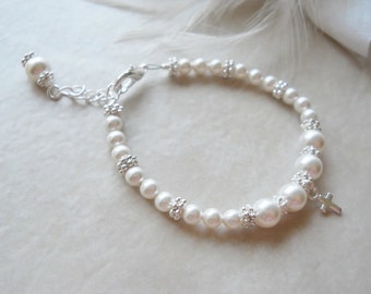 Baptism Bracelet-First Communion Gift-Flower Girl Gift-Pearl Bracelet with Sterling Silver Cross Charm B185