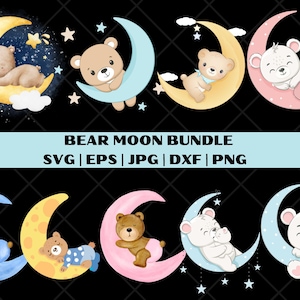 Beer op maan SVG. png-bestand. Cricut-gesneden bestanden, gelaagd. Silhouet valt op. Teddybeer, slapen, sterren, schattig. Kwekerij. DXF, eps. Direct downloaden!