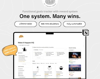 Szablon celów Notion z funkcjonalnym systemem nagród – Make It Happen HQ (obejmuje śledzenie kamieni milowych, archiwum notatek, tablicę manifestacji)