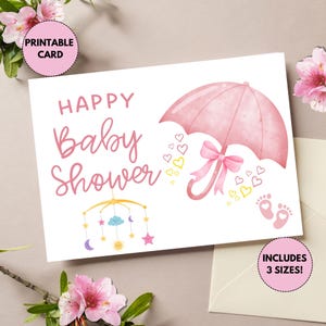 Druckbare Baby Party Karte | Glückliche Babyparty | Baby Mädchen | Niedliche Babypartykarte | Karte zur Babyparty | Pink Regenschirm Shower Karte