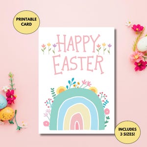 Carte de Pâques imprimable | Arc-en-ciel pastel et fleurs | Carte mignonne de Pâques | Carte florale de Pâques | Téléchargement numérique | Carte panier de Pâques pour enfants