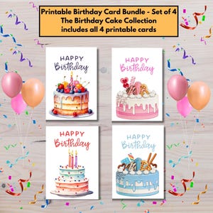 Lot de cartes d'anniversaire imprimables | Lot de 4 | Téléchargement numérique | Cartes de voeux d'anniversaire | Téléchargement instantané | Cartes aquarelle pour gâteau d'anniversaire