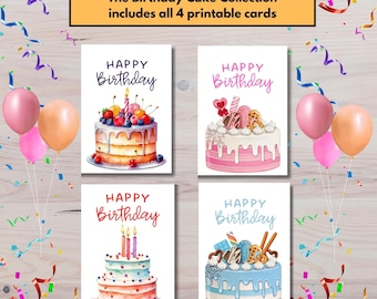 Cartões de Aniversário para Imprimir | Pacote de Cartões | Cartões de Aniversário Variados | Conjunto de 4 | Download Instantâneo (PDF)
