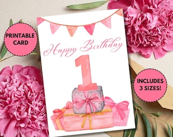 Printable 1st Birthday Card | Baby Birthday Card | Instant Download (PDF) | Includes 3 Sizes | For Birthday Girl