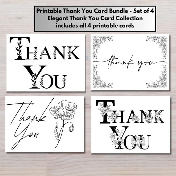 Printable Thank You Cards | 4 Assorted Thank You Cards | Black and