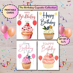 Paquete de tarjetas de cumpleaños imprimibles / Juego de 4 / Digital / Tarjetas de felicitación de cumpleaños / Descarga instantánea / Tarjetas de cumpleaños con acuarela y cupcakes
