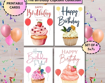 Cartões de aniversário para imprimir | Conjunto de 4 | Download instantâneo (PDF)