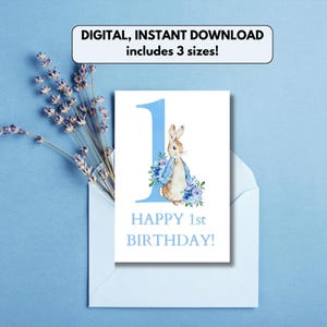 Carte 1er anniversaire imprimable | d'anniversaire lapin pour garçon | Joyeux 1er anniversaire carte de vœux | carte d'anniversaire bleue | Carte d'anniversaire bébé garçon | Numérique