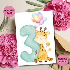 Afdrukbare 3e verjaardagskaart | Derde verjaardagskaart | Babygiraf | Gefeliciteerd met je 3e verjaardag | Verjaardagskaart voor 3-jarige | Digitaal, downloadbaar