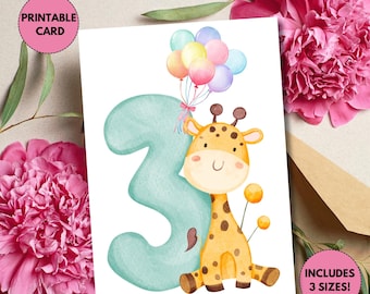 May include: Printable birthday card featuring a cute giraffe holding balloons and standing next to a large teal number three. The card includes the text "Includes 3 sizes!"