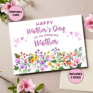 Printable Mother&#39;s Day Card | Floral Mother&#39;s Day Card | Pretty Mother&#39;s Day Card | Card for Mom | Happy Mother&#39;s Day | Hearts and Flowers