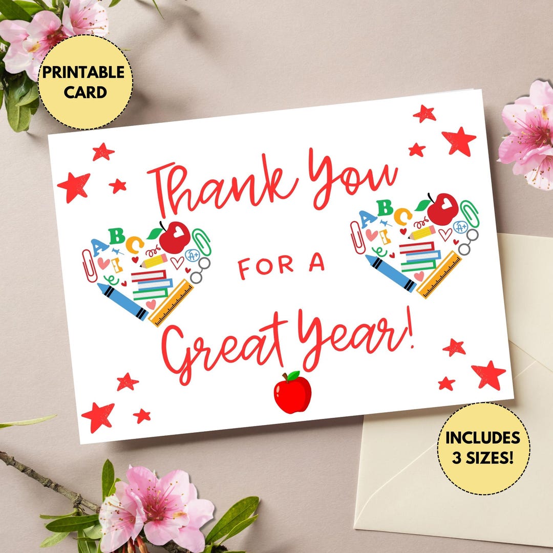 Printable Teacher Thank You Card, End of School Year Card From Student ...