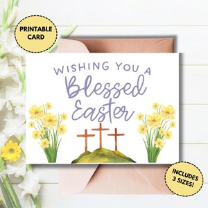 Druckbare Osterkarte | Elegante,Religiöse Osterkarte | Blumenkarte mit Kreuz | Christliche Osterkarte | Ich wünsche Ihnen ein gesegnetes Osterfest