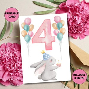 Druckbare 4.Geburtstagskarte | Herunterladbar | 4 Jahre alte Geburtstagskarte | Niedliche Geburtstagskarte für Mädchen 4 Sofortdownload | Hase