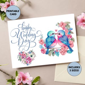 Druckbare Hochzeitskarte | Karte zum Hochzeitstag | Elegante Hochzeitskarte | Blumenhochzeitskarte | Hochzeit Glückwünsche | Liebes-Vögel-Karte