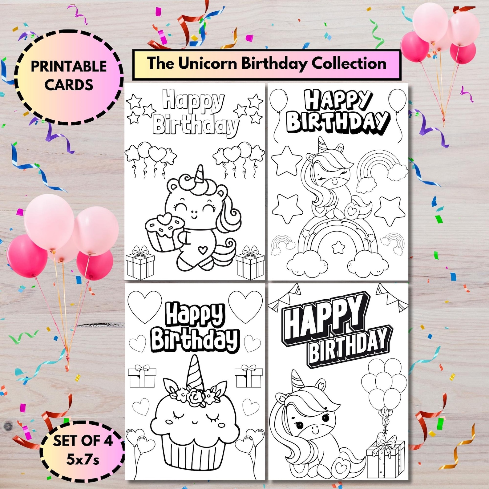 Printable Kids Birthday Cards | Color Your Own Unicorns | Cute DIY ...