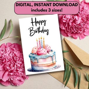 Cartão de aniversário em aquarela para imprimir | Cartão com bolo de aniversário | Cartão de aniversário fofo | Para amigos, familiares e colegas de trabalho | Cartão de aniversário com bolo