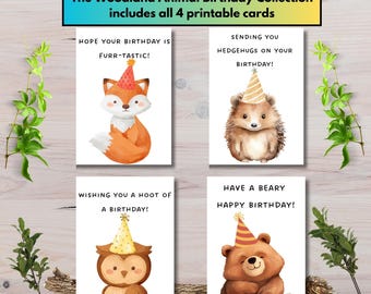 Printable Woodland Animal Birthday Cards, Set of 4, Cute Forest Animal Birthday Bundle, Greeting Cards for Kids, Instant Download, PDF