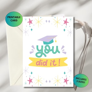 de remise des diplômes imprimable | Vous l'avez fait | Carte de fin d'études maternelle, 5e année, secondaire, universitaire | Carte de remise des diplômes avec étoiles, casquette