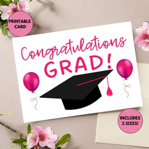 Druckbare Abschlusskarte | Herzlichen Glückwunsch grad | Karte zum Abitur, College-Abschluss | Rosa, Mädchen-Abschluss-Karte | Niedliche Abschlusskarte