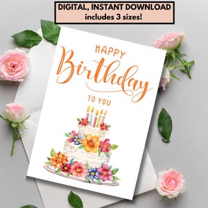 Cartão de aniversário para imprimir | Cartão de aniversário fofo | Cartão de aniversário floral | Cartão de aniversário elegante | Cartão com design de bolo de aniversário | Para baixar