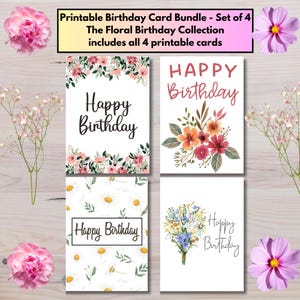 Geburtstagskarten Set zum ausdrucken | Blumen Geburtstagskarten | 4er Bündel | Elegante Geburtstagskarten | Verschiedene druckbare Geburtstagskarten | Digital