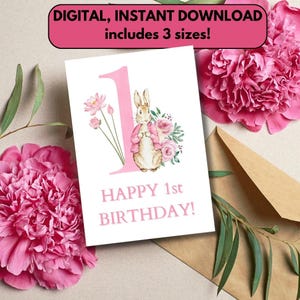 Glückwunschkarte zum 1.Geburtstag | Hase Geburtstagskarte | Baby Mädchen | Niedliche Karte zum 1. Geburtstag | Blumenkarte zum 1. Geburtstag | Rosa Geburtstagskarte