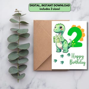 Afdrukbare 2e verjaardagskaart | Verjaardagskaart dinosaurus | 2e verjaardagskaart jongen | Leuke kaart tweede verjaardag | Kaart voor peuter, baby en kind