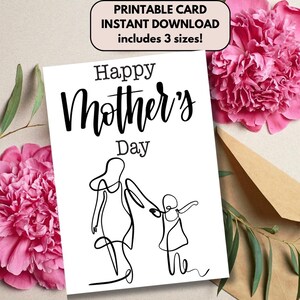 Tarjeta para el Día de la Madre para imprimir / Tarjeta para mamá / Tarjeta para el Día de la Madre / Dibujo lineal de mamá e hijo / Tarjeta elegante para el Día de la Madre / Descargable