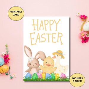 imprimable animaux de Pâques | Joyeuses Pâques | Lapin de Pâques, poussin, carte de Pâques d'oie | Jolie carte de Pâques avec des animaux et des œufs de Pâques
