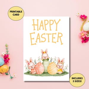 Carte de Pâques imprimable avec des lapins de Pâques et des œufs de Pâques | Joyeuses Pâques | Carte mignonne de Pâques | Carte de Pâques pour enfants| Téléchargement numérique