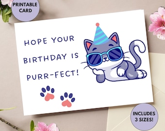 Carte d'anniversaire drôle imprimable | carte d'anniversaire de chat | Jolie carte d'anniversaire avec un chat | Carte d'anniversaire pour les amoureux des chats | Jeu de mots parfait pour carte d'anniversaire