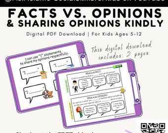Facts Vs. Opinions and Sharing Opinions Kindly - Digital PDF Download - Pairs with @Ms.Melanie-SocialSkillsforKids on YouTube