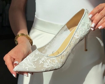 Lace Wedding Heels White Mesh Bridal Pumps Pointed Toe Bridal Shoes Stiletto Heels for Bride Elegant Wedding Shoes Heel height 6 cm, 8 cm