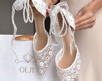 Wedding Heels with Lace and Pearls Ivory Bridal Pumps with Ribbons Comfortable Bridal Shoes 6cm 8cm Pointed Toe Bridal Heels