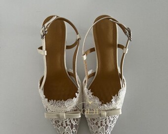 Ivory Lace Bridal Heels Handmade Wedding Shoes Bow Wedding Shoes Elegant Pointed Toe Slingback Low Heel 3 cm/6 cm/8cm/10cm Engagement Shoes