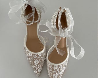 Bridal Pearl Lace Wedding Heels Mesh Pointed Toe with Ribbons 6cm 8cm Multi-Style Bow Straps Ivory Bridal Shoes Comfortable Pumps