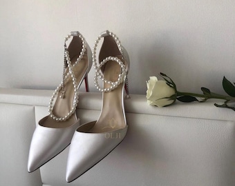 Weiße Satin Braut Spitzen Heels mit Perlen-Strap Handgemachte