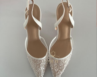 White Lace Bridal Slingback Heels Pearl Beaded Wedding Shoes Pointed Toe Bride Pumps Elegant 6.5cm 8.5cm Heel