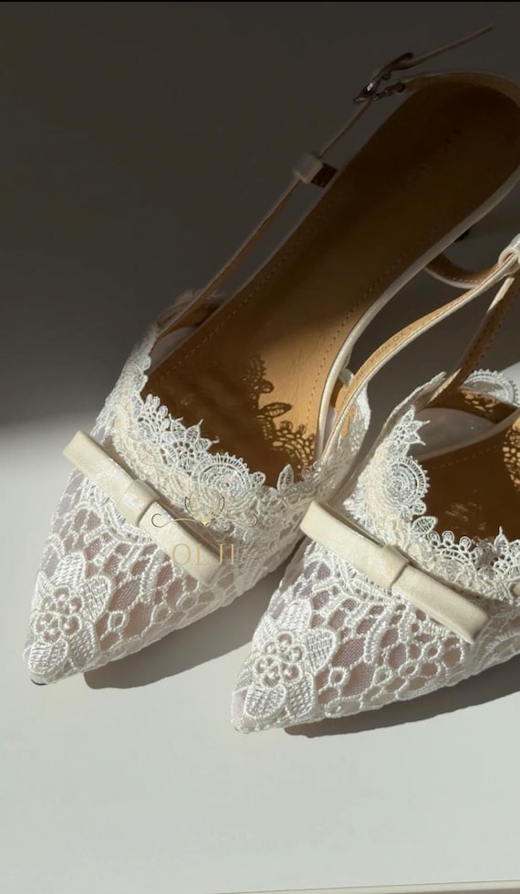 Bridal Lace Heels Wedding Shoes with Bow Pointed Toe Slingback in Ivory Custom Heel Height 6/8/10 cm Sizes EU 33–44 Bridal Ivory shoes