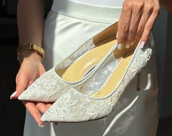 Wedding lace Heels White Mesh Bridal shoes Pointed Toe Bridal Shoes Stiletto Heels for Bride Elegant Wedding Shoes Heel height 6 cm, 8 cm