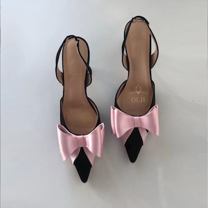 Black shoes with pink bow, high heels, evening shoes