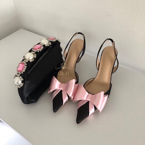 Black shoes with pink bow, high heels, evening shoes