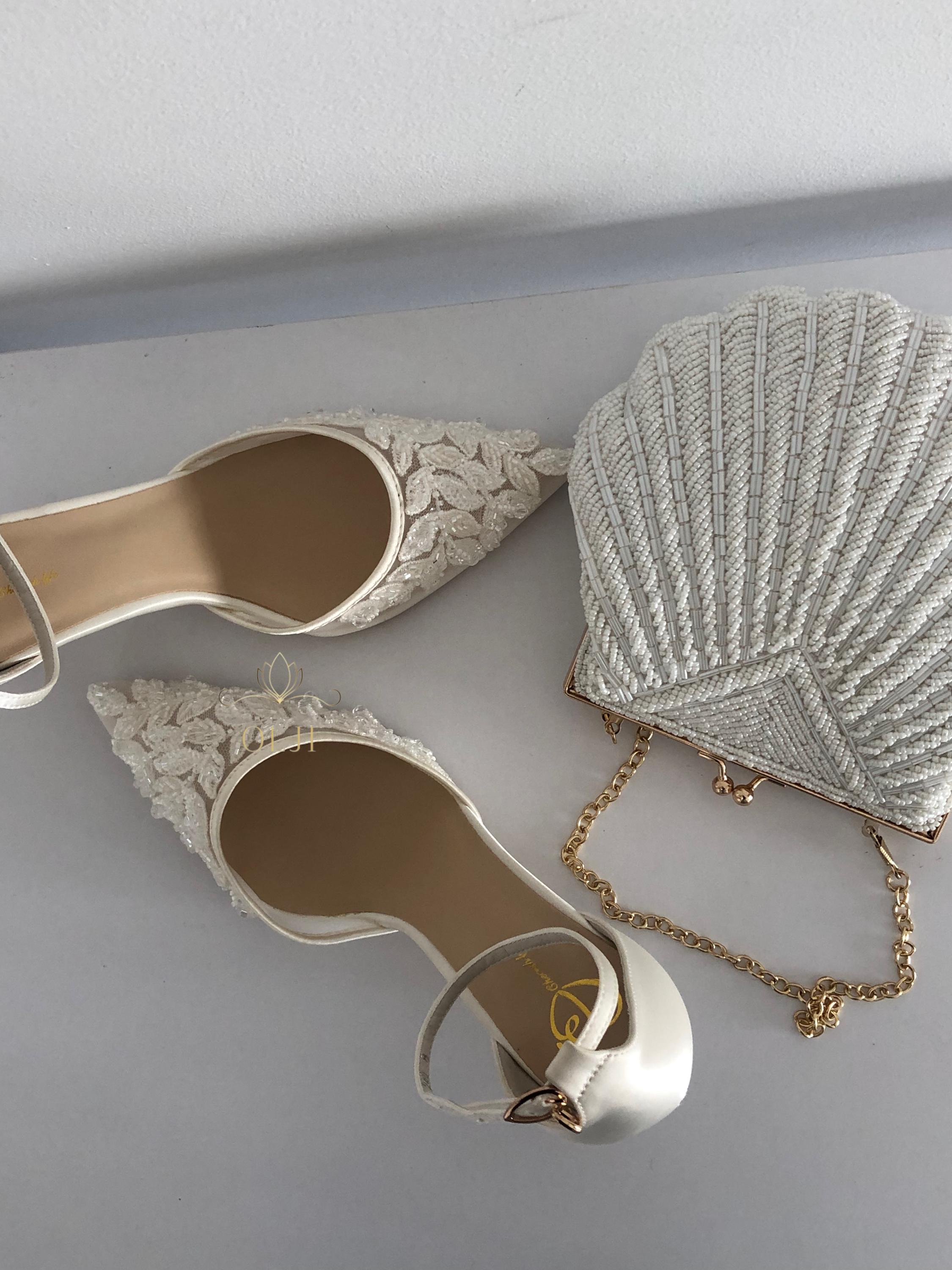 Embroidered Bridal Heels With Ankle Strap Beaded Wedding Shoes 
