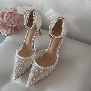 Parelbruiloft hakken met tule strik 2in1 bruidsschoenen met enkelbandje Puntige neus pailletten pumps Elegante bruid kanten hakken Trouwschoenen